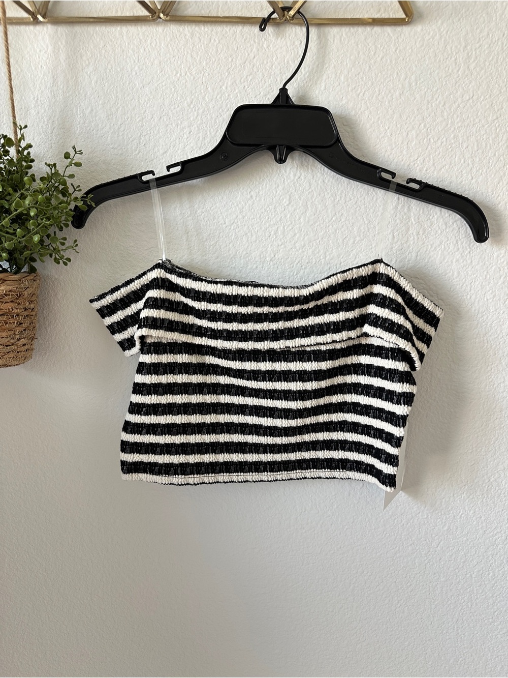Striped Off-Shoulder Crop Top - Black & White